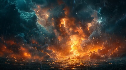 Fototapeta premium A dynamic portrayal of a dramatic sky where thick, ominous clouds rumble with thunder and sharp, jagged bolts of lightning cut through the darkness, while rain cascades down heavily, and a delicate