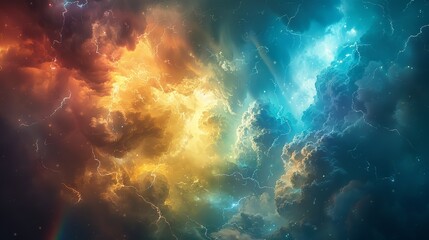 A dynamic portrayal of a dramatic sky where thick, ominous clouds rumble with thunder and sharp, jagged bolts of lightning cut through the darkness, while rain cascades down heavily, and a delicate