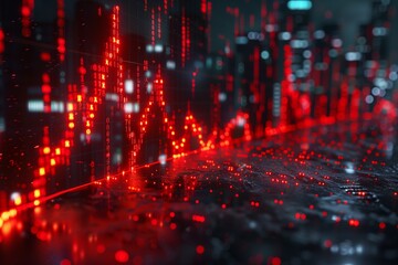 Naklejka premium A red arrow graph on a digital screen, depicting a financial crisis, with a cityscape in the background