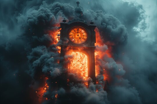 A timebomb clock tower engulfed in fire and smoke