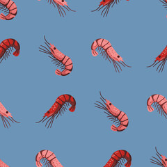 Krewetki na niebieskim tle. Bezszwowy wzór w morskim stylu. © Monika