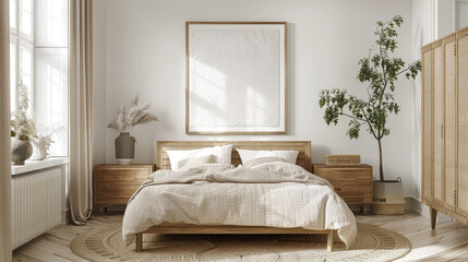 Natural Comfort bedroom. Terracotta Hues and Empty Frames