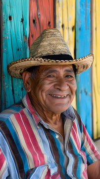 smiling old mexican man against the background of a colored fence, wearing a hat

