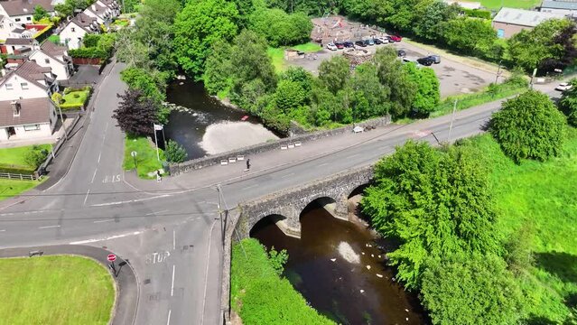 Aerial view of the bridge over the braid river Knockan Rd Riverside walk Broughshane Ballymena County Antrim Northern Ireland