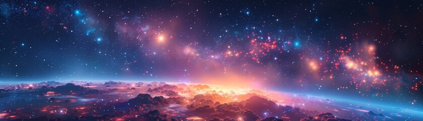 Obraz premium Stunning cosmic landscape with vibrant nebulae, distant stars, and a glowing horizon, showcasing the beauty of outer space and its endless mysteries.