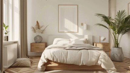 Natural Comfort bedroom. Terracotta Hues and Empty Frames