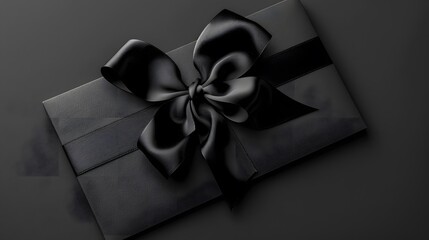 black gift card with black ribbon bow, black friday concept, copy space template. 