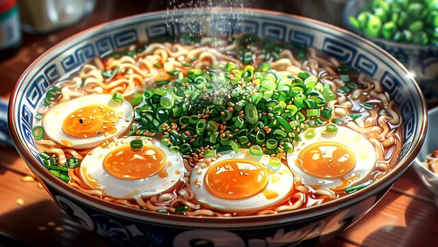 Steaming hot bowl of ramen noodles with all toppings on the table, traditional Japanese dish