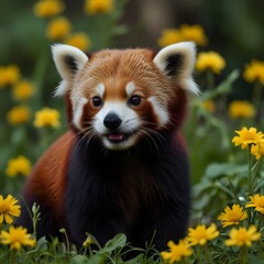 Fototapeta premium Red Panda In Yellow Flowers Generative Art