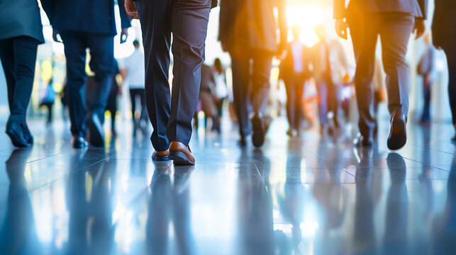 A bustling crowd of business professionals walking through a brightly lit, modern indoor space. The focus is on their legs and shoes, highlighting movement, dynamism, and the busy nature of corporate - Powered by Adobe