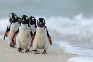 Obraz premium A group of penguins walking on a beach. The penguins are small and cute, and they seem to be enjoying their time on the beach