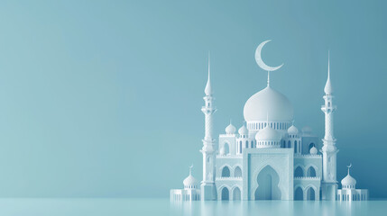Fototapeta premium Islamic Faith. Mosque and Crescent Moon in Blue Background with copy space