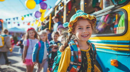 Obraz premium Happy Kids Enjoying School Fair in Colorful Costumes