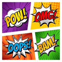 A set of speech bubbles. Comic text sound effects. Banner, poster, sticker concept. Vector bright cartoon messages. Anime Pop art style