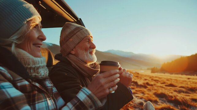 Senior couple relaxing by car with coffee after long drive during roadtrip watching sunset over mountains