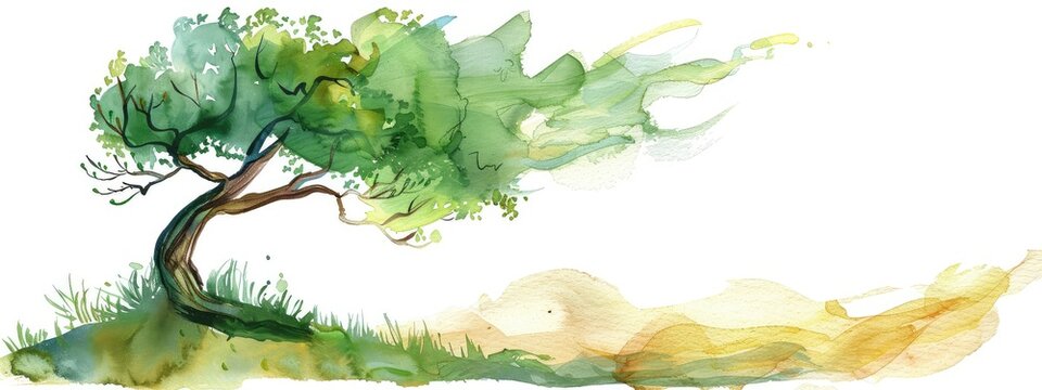 The watercolor painting shows a lonely tree standing on a hill. The wind blows the tree's branches.