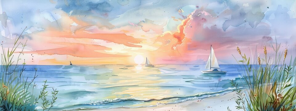 A beautiful watercolor painting of a beach scene. The sun is setting over the ocean, and there are sailboats on the water. The beach is covered in soft sand and green grass.