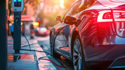An electric vehicle is being charged at a station, while its wheels, tires, and alloy wheels rest peacefully under the hood. AIG41