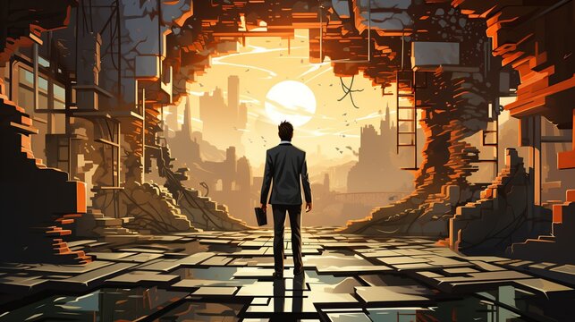 A businessman navigating a series of dangerous traps in an ancient alien ruin, using his intelligence and agility to survive, with the eerie, glowing symbols on the walls guiding him. Flat color