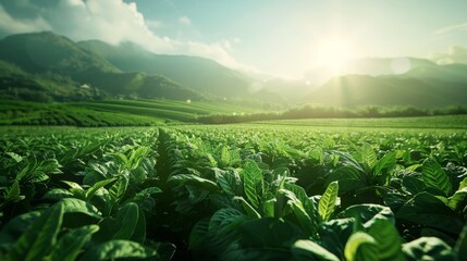 A vast green agricultural field of crops stretches under a bright blue summer sky with fluffy white clouds