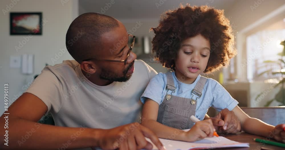 Poster teaching, learning and dad with child for home education, development or support with math or langua