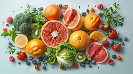 A colorful assortment of fresh fruits and vegetables on a blue background.