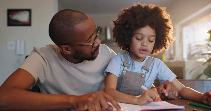 Teaching, learning and dad with child for home education, development or support with math or language. African family, man or father helping boy or kid with writing skills, test or quiz for homework