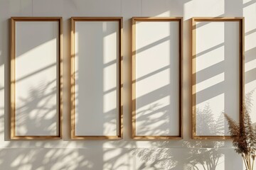 Minimalist interior with four vertical picture frames on wall with natural lighting and shadows