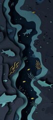 abstract papercut illustration of a deep sea canyon with schools of fish swimming through the water.