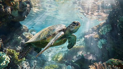 Obraz premium Graceful Sea Turtle in Coral Reef
