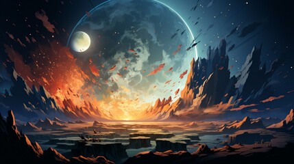 Obraz premium The creation of the moon, shown as a dramatic collision between the Earth and a smaller celestial body, resulting in a spray of debris coalescing into a satellite. Flat color illustration cartoons