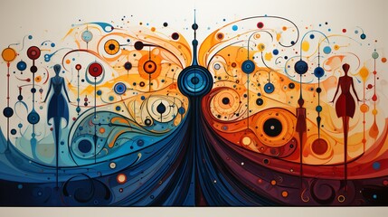 An imaginative representation of cosmic symmetry breaking, featuring patterns of symmetry and asymmetry blending together in a vibrant, abstract composition. Flat color illustration cartoons