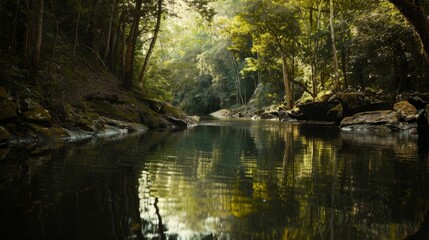 Tranquil oasis: lush green forest, calm river, vibrant spring. Trees reflected in clear water, mesmerizing landscape bathed in sunlight