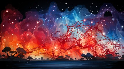 Obraz premium An abstract portrayal of the cosmic web, with intricate, glowing filaments connecting clusters of galaxies, representing the large-scale structure of the universe. Flat color illustration cartoons