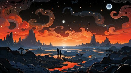 A conceptual image of primordial black holes, showing small, dense regions of space with intense gravitational pull, surrounded by swirling matter and energy. Flat color illustration cartoons