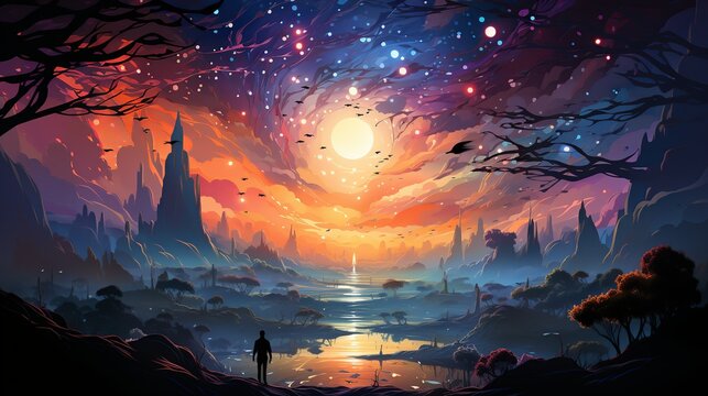 An artistic interpretation of the cosmic dawn, with the first light from young stars and galaxies breaking through the darkness of the early universe. Flat color illustration cartoons character, full