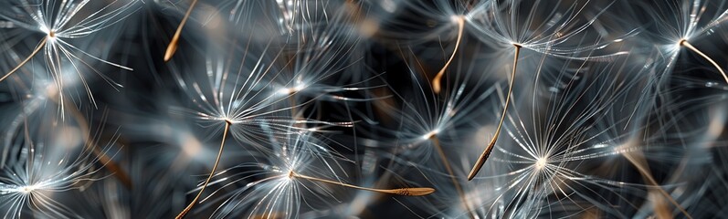 Panoramic view macro dandelion seeds with silver reflections on a black background