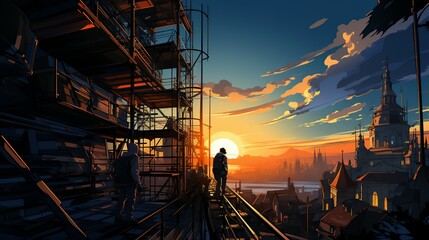 Metal scaffolding reaching towards the sky amidst a construction site, symbolizing ongoing technological development. Flat color illustration,