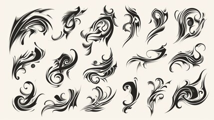 An assortment of black abstract swirls with shading effects on beige background offers a classic artistic touch