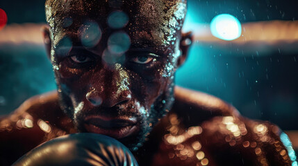 Intense Close-Up of a Boxer with Sweat and Focused Eyes in the Ring