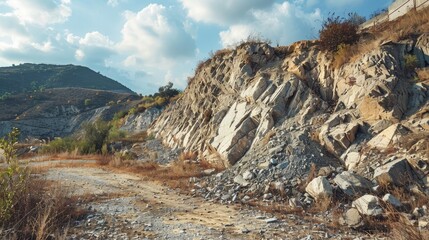 Dry ground near the mountain slope Rockslide close to the cement barrier Safeguarding against erosion