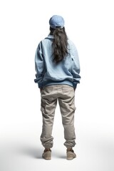 Fototapeta premium A old woman in jeans looking up on a white background isolation back view footwear standing adult.