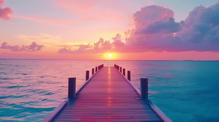 Obraz premium The golden hour is captured from the perspective of a wooden pier extending into a calm ocean as the sun descends