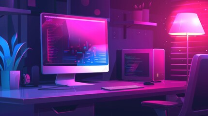 An eye-catching coder's desk with vibrant pink lighting features a sleek computer setup embodying a coder's late-night work environment