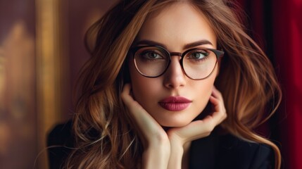 A stylish woman in chic glasses poses elegantly within a luxurious interior, exuding sophistication and grace