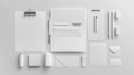 Minimalistic branding mockup featuring all white stationery items, ideal for clean and sleek corporate identity presentations