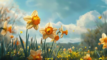A vibrant image of daffodils in full bloom with a blue sky and fluffy clouds above creating a cheerful scene