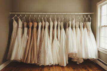 Wedding dresses on a rack at a luxury bridal shop, modern wedding dresses, Generative AI