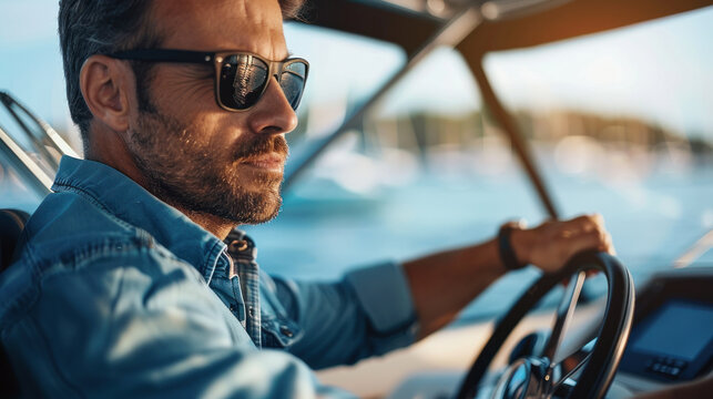 Confident Man Navigating a Boat in Sunny Weather