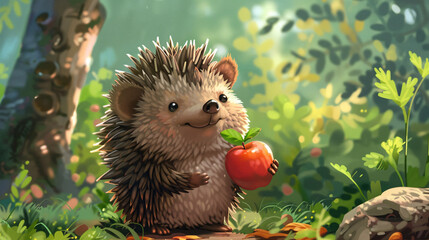 A friendly cartoon hedgehog holding an apple in a picturesque woodland setting